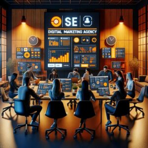 A diverse team is having a meeting in a modern, tech-savvy office of a top digital marketing agency. Large screens display data, charts, and digital marketing metrics. The room has warm lighting, plants, and a collaborative atmosphere.