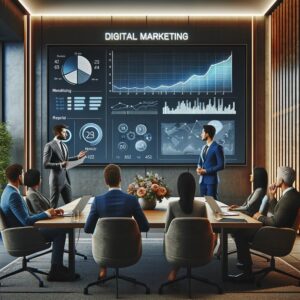 A conference room with six people seated and two standing, focusing on a large presentation screen displaying digital marketing analytics, graphs, and data. The room is modern with sleek furniture, and the presenters from a top digital marketing agency are discussing the charts.