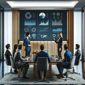 A corporate meeting with eight business professionals in formal attire sitting around a boardroom table. Two individuals, a man and a woman from a top digital marketing agency, stand and present data displayed on large digital screens behind them, showing various charts and graphs.