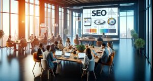 A modern office meeting with professionals seated around a table, discussing SEO best practices displayed on large screens, in a brightly lit room with panoramic windows.