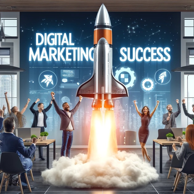 A group of excited professionals celebrate in an office as a rocket takes off in the center. A large screen in the background displays the words "DIGITAL MARKETING SUCCESS" with various futuristic icons, symbolizing achievement in digital marketing, highlighting their status as a top digital marketing agency.