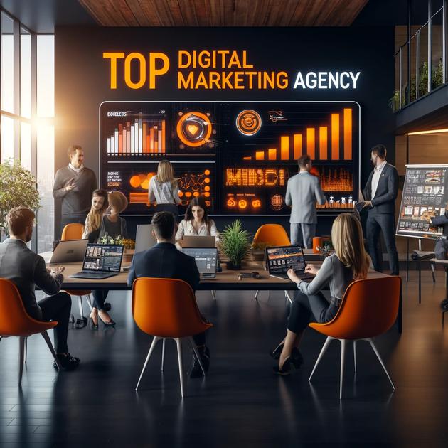 A modern office with a group of professionals working at desks and interacting with large digital screens displaying charts and graphs. The wall reads "Top Digital Marketing Agency" in bold letters, symbolizing their success. Natural light fills the space through large windows.