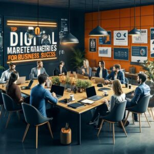 A group of professionals sits around a large table in a modern conference room, collaborating on laptops. The wall displays charts, graphs, and a neon sign that reads "Top Digital Marketing Strategies for Business Success." The vibrant tech-savvy atmosphere highlights the expertise of our Top Digital Marketing Agency.