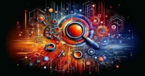 Digital illustration of a magnifying glass over abstract technological elements, depicting SEO strategies with vibrant colors and futuristic circuit graphics.