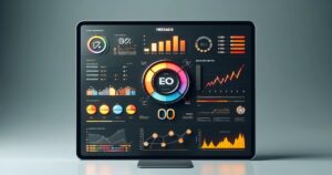 A modern computer monitor displaying an intricate dashboard with various business analytics such as graphs, charts, and data metrics in a sleek, colorful design for the ultimate guide to SEO best practices.