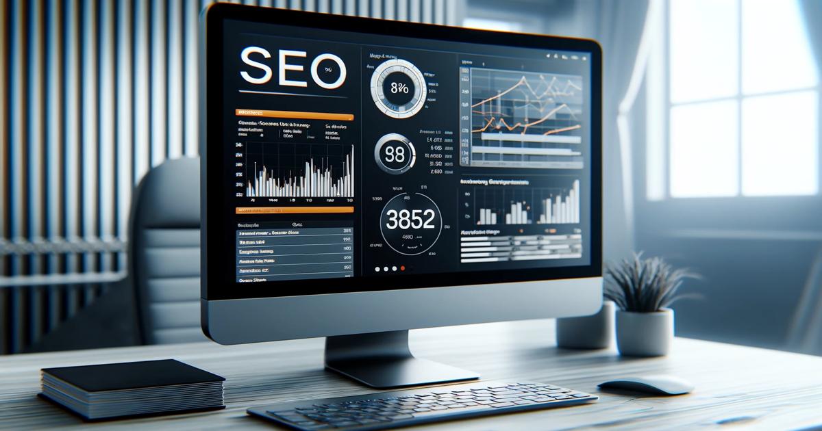 A modern desktop setup featuring an SEO Company analytics dashboard displayed on a monitor, with graphs and data metrics visualized. The room has a minimalist design with wooden accents.