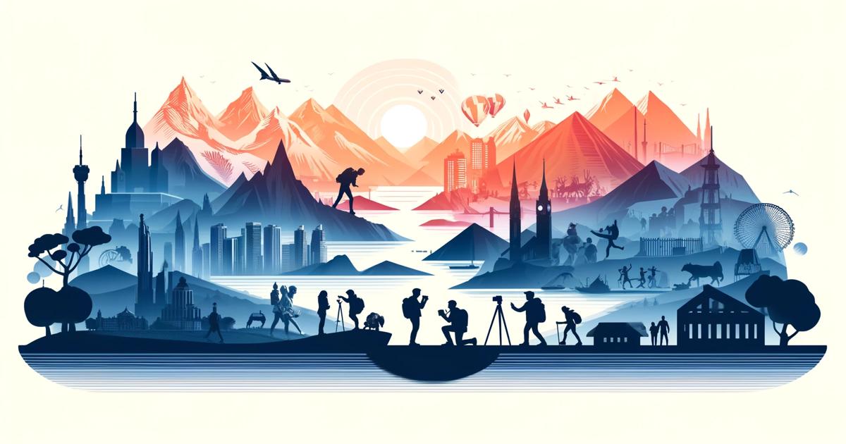 Illustration blending urban and natural landscapes with various activities and landmarks, depicted in a gradient of blue to orange tones, capturing a harmonious interaction between humans and the environment in a digital marketing campaign.