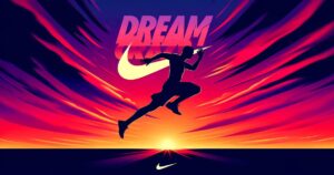 Graphic illustration featuring a silhouette of an athlete running against a vibrant, colorful sunset background with the words "dream team" and a Nike logo prominently displayed in a successful digital marketing campaign.