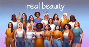 Illustration of diverse group of women with various skin tones and body types, smiling and posing together under the text "real beauty" for a Dove digital marketing campaign.