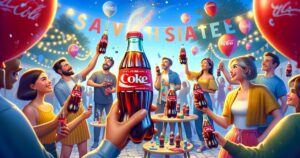 A vibrant outdoor party scene with people celebrating, part of a digital marketing campaign for Coca-Cola. Central focus on a large Coke bottle with fireworks in the background, banners, and festive lights.