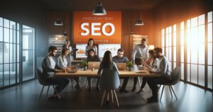 A modern office meeting room with several professionals, engaged in discussions around a table, under a large vibrant "Choosing SEO Company" sign, illuminated by natural light from tall windows.