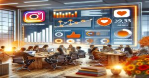 A modern office with professionals working at desks while interactive digital analytics and Instagram metrics float holographically in the foreground.
