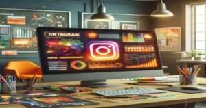 A computer monitor displaying vibrant social media management analytics graphics for Instagram, surrounded by various office supplies, in a creatively organized workspace with dim ambient lighting.