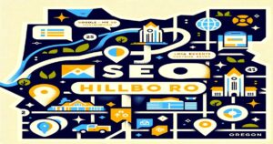 Illustrative map of Hillsboro, Oregon, highlighting landmarks and local businesses. Includes representations of Google Maps, a magnifying glass, a clock tower, various maps and location markers. For those seeking Local Online Triumph, SEO Hillsboro icons like graphs and reviews are also featured.
