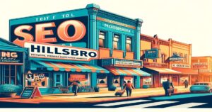 A vibrant, retro-style illustration of a small town street lined with various storefronts, including the prominent SEO Hillsboro store, Hillsbro, and an old-fashioned barber shop. People are walking on the sidewalk, enjoying the scene's warm, nostalgic feel—a testament to local online triumph.