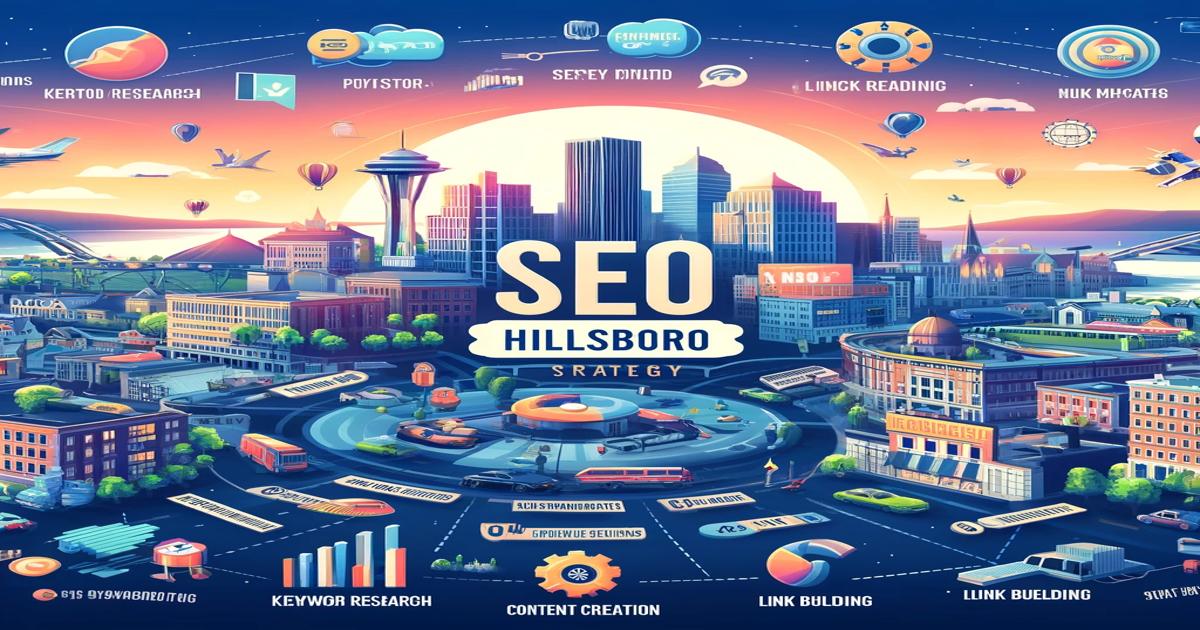 A vibrant, colorful illustration depicting a cityscape labeled "SEO Hillsboro." Buildings and digital marketing icons surround the city, highlighting local online triumphs through various SEO strategies such as keyword research, content creation, and link building. The skyline includes hot air balloons and a sunset.