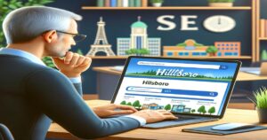 A man with gray hair and glasses is sitting at a desk, typing on a laptop. The laptop screen displays a webpage titled "SEO Hillsboro." The background includes bookshelves with various miniature architectural models and a clock with the letters "SEO" underneath, hinting at his local online triumph.