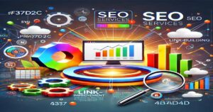 A vibrant image representing Expert SEO Services, displaying colorful gears, bars, and charts. A central computer screen shows a bar graph, while surrounding icons and numbers depict keywords like “link-building,” “SEO,” and “link-improvement.” A magnifying glass highlights details crucial for Online Visibility.