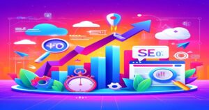 A vibrant, futuristic illustration showcasing digital marketing concepts. It features bar graphs, an upward arrow, a stopwatch, gears, SEO elements, and digital icons with a sunset gradient background—representing data analysis and enhanced SEO performance.