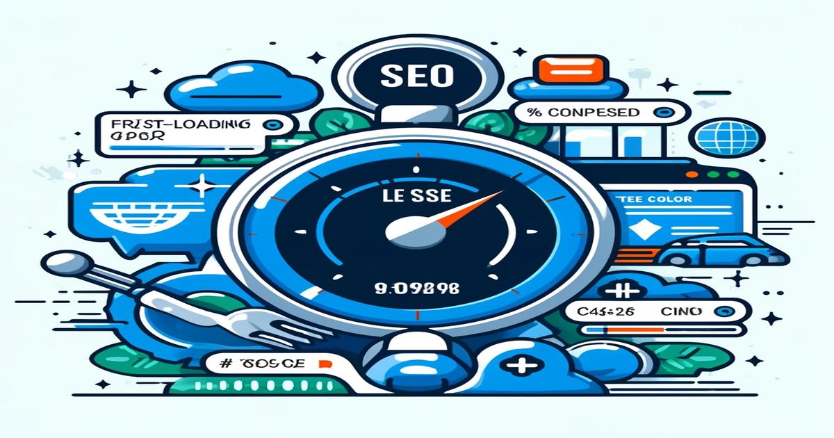 A colorful illustration depicting various elements of website optimization. At the center is a speedometer labeled "LESS," showing a reading of "9.09808." Surrounding icons include SEO Performance, cloud storage, fast-loading progress, color charts, coding symbols, and security indicators.