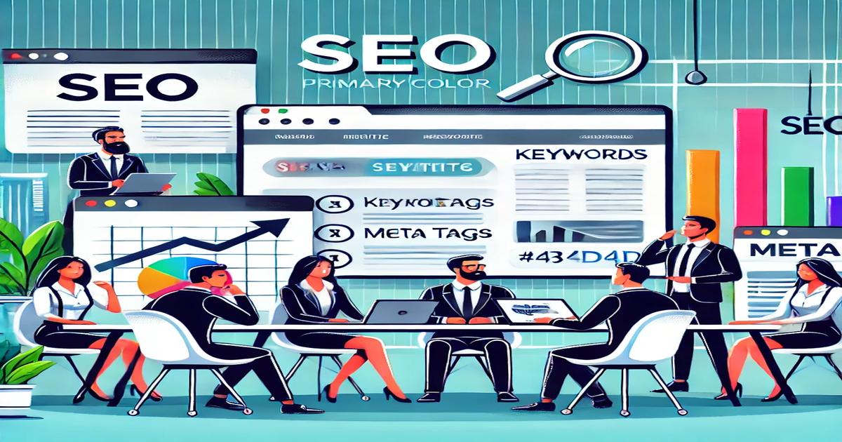 Illustration of a diverse group of professionals in a modern office discussing SEO strategies for business growth. They are surrounded by SEO-related icons, charts, and large screens displaying keywords, meta tags, and analytical data. The primary text reads "SEO.