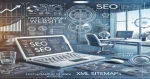 A concept illustration of a modern office with various SEO-related terms and graphics. Central to the image is a laptop displaying "SEO." Other elements include graphs, charts, and terms like "Technical SEO," "Fast-Loading Website," and "XML Sitemaps." This visual emphasizes effective SEO strategies for business growth.