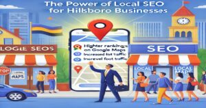 An illustrated image portrays the concept of local SEO for businesses. It features a large smartphone displaying a local map and SEO benefits like higher Google Maps rankings, increased traffic, and foot traffic. Nearby, small businesses with SEO-related signs exclaim, "Boost Your Business," courtesy of *SEO Agency Hillsboro*.