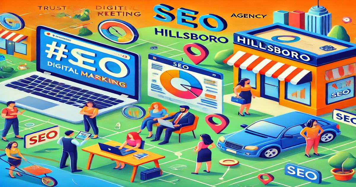 Colorful illustration showing various elements associated with digital marketing and SEO. People are working on laptops and mobile devices. There’s a large laptop with "#SEO" displayed, charts, location markers, and a building labeled "Hillsboro SEO Agency," highlighting business success.