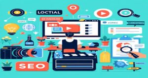 Illustration of a person working at a desk with various digital marketing icons and tools, including a computer screen showing a video, SEO sign, camera, lightbulb, charts, and social media symbols. Boost Your Business Success with these content creation and digital marketing strategies.