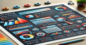 A colorful infographic poster displays various data visualization elements including pie charts, bar graphs, magnifying glasses, and web page mock-ups. The graphics are vibrant with shades of blue, orange, and red set against a dark background on a desk – ideal for showcasing expert SEO services aimed at boosting online visibility.