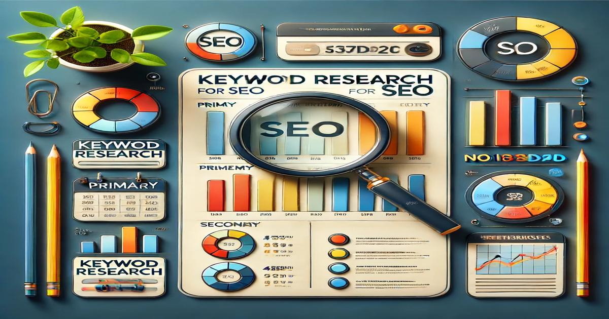 A colorful flatlay featuring various SEO tools, charts, and graphs. A magnifying glass highlights the text "Keyword Research for SEO." Pencils and a green plant are present. The scene includes pie charts, bar graphs, and keyword analysis reports—perfectly showcasing how expert SEO services can maximize visibility.