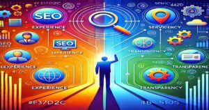 A colorful infographic depicts a person at the center with icons and keywords like SEO services, experience, transparency, and policy surrounding them. The image is divided into two sides, with various symbols such as gears, magnifying glasses, and globes highlighting online visibility concepts.