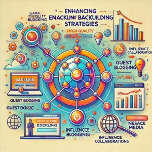 A colorful infographic titled "Enhancing Enacklink Backuilding Strategies" showcases proven strategies for increasing visibility. It features charts, laptops, magnifying glasses, and interconnected nodes with terms like "guest blogging," "backlink strategies," and "influence collaboration.