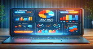 A laptop displaying a colorful dashboard with various analytics and graphs, including pie charts, bar graphs, and line graphs. The screen shows metrics like website traffic, SEA ranking, brand awareness, and user behavior data. The background features vertical blinds and a wooden surface.