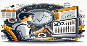 Illustration of a person with glasses analyzing SEO data on a computer. They hold a magnifying glass over the screen displaying charts and graphs. Surrounding the person are various icons and a calendar, emphasizing SEO strategies and online visibility in digital marketing.