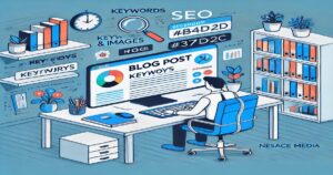 Illustration of a man sitting at a desk working on a computer with "BLOG POST" and "SEO BEST PRACTICES" on the screen. Surrounding the desk are various symbols and text like "SEO," "KEYWORDS," "IMAGES," and color codes like "#B4D2D" and "#37D2C". Books, plants, and other tools for creating blog content