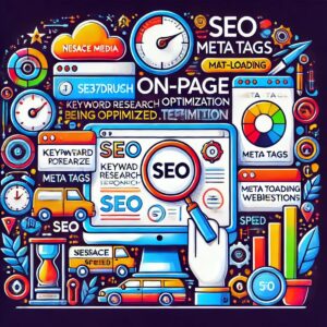 A vibrant illustration themed around SEO and online optimization. It features a computer screen with a magnifying glass, phrases such as "On-Page SEO," "Meta Tags," and various SEO-related icons, colorful graphics, and tools. The design is cluttered yet dynamic, embodying proven strategies for success.