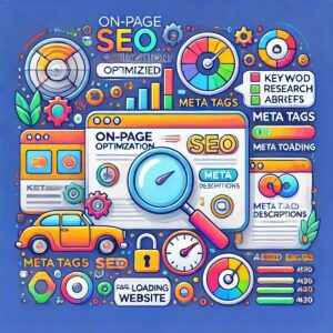 A colorful illustration of on-page SEO optimization. It features elements like a magnifying glass over a web page, charts, graphs, a car, gears, and leaves. Key terms such as 'Meta Tags', 'Keyword Research', and 'Fast-Loading Website' are prominently displayed, highlighting proven strategies for increasing online visibility.