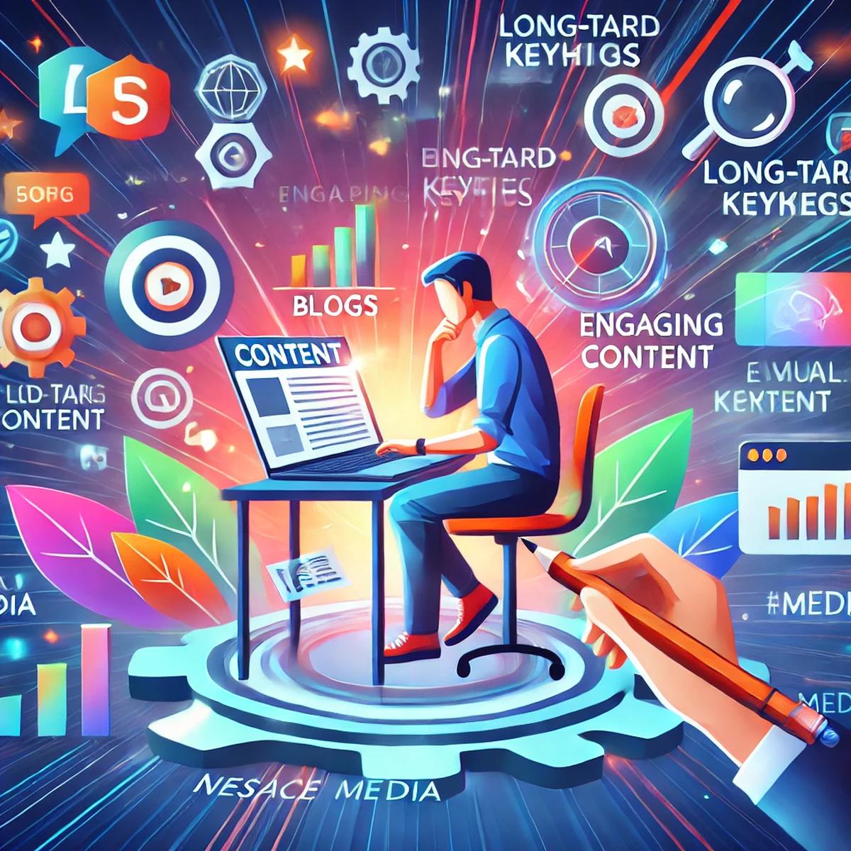 A person sits at a desk surrounded by colorful digital marketing icons and text elements such as "Content," "Engaging Content," "Blogs," and various graphs. The scene is vibrant, with a dynamic mix of technology, social media symbols, abstract graphics, and proven strategies for increasing online visibility.