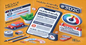 A digital illustration showcases a smartphone displaying a "Mobile-Friendly" webpage amidst various icons and tools like pencils, a miniature car, a plant, and a gauge indicating "Mobile Optimization." Blog content detailing SEO best practices is emphasized with hashtags like #3D2C and terms like NESACE MEDIA prominently featured.