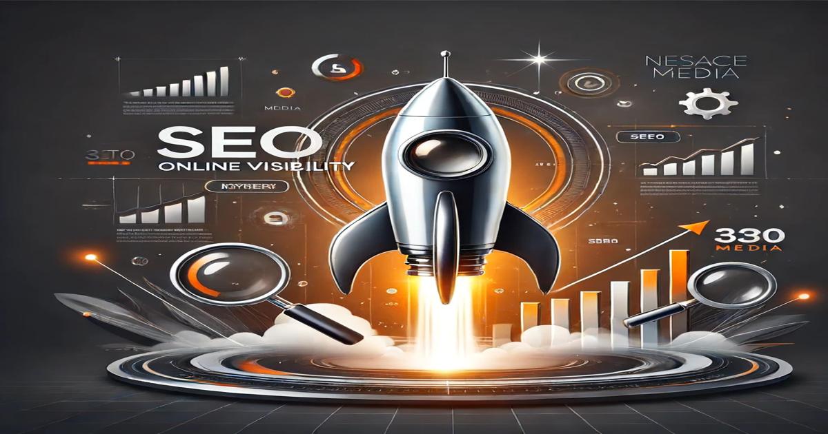 Illustration of a rocket launching, symbolizing growing SEO online visibility. Surrounding the rocket are graphs, charts, magnifying glasses, and icons representing data analytics and SEO strategies. The background is dark with orange highlights.