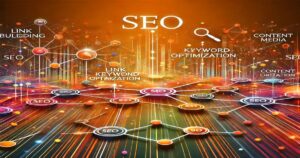 A vibrant, conceptual illustration of SEO with interconnected nodes labeled "Keyword Optimization," "Link Building," "Content Media," and more. A large "SEO" is central, with a magnifying glass icon, symbolizing mastering SEO strategies for enhanced online visibility and search engine optimization processes.