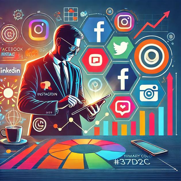 Illustration of a person in a suit using a tablet, surrounded by social media icons (Facebook, Instagram, Twitter, YouTube, LinkedIn). A coffee cup and colorful graph are on the table. The background displays charts, graphs, and electronic interfaces—highlighting effective strategies for social media management.