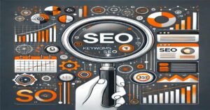 An illustrated image depicts a hand holding a magnifying glass with the word "SEO" inside it. Surrounding the magnifying glass are various icons, charts, graphs, gears, and website elements, all symbolizing SEO strategies and enhancing online visibility in digital marketing.