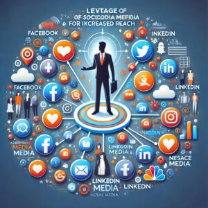 A person in a suit stands in the center of various interconnected social media icons, including Facebook, LinkedIn, Twitter, Instagram, and others. The text "Leverage Social Media for Increasing Visibility" appears at the top. The background is blue.