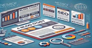 A digital illustration depicting various elements related to blog costs and SEO strategy. A computer monitor displays a graph and SEO statistics reflecting SEO best practices. Several documents, charts, and infographics lie on the desk. Text reads "A Blog Cost" and "Nesace Media.