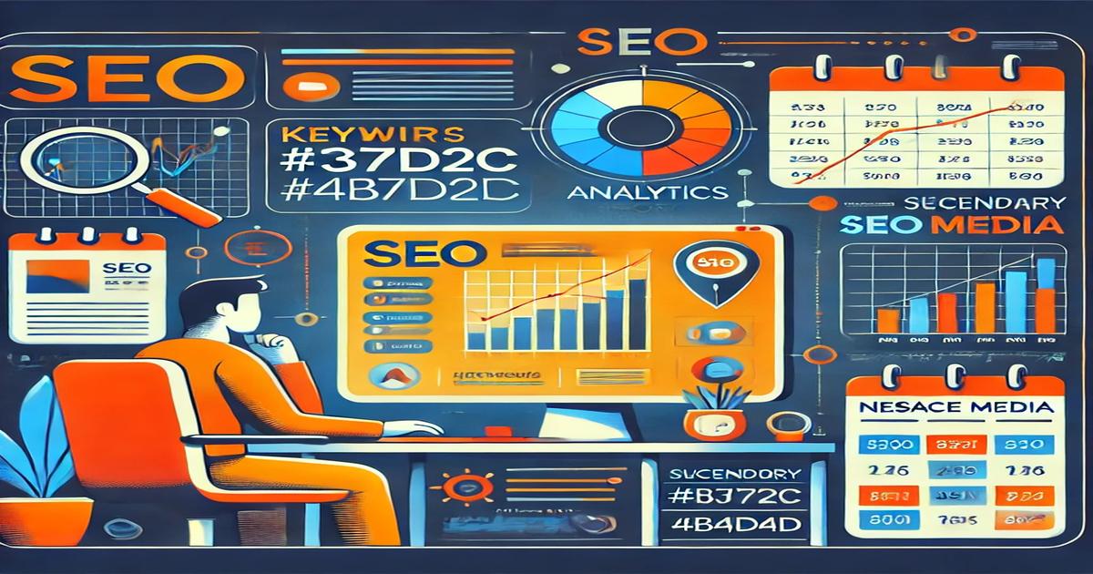 A stylized infographic showcases SEO analytics, featuring a person at a computer with various charts, graphs, and keyword data to highlight SEO best practices. Prominent elements include a pie chart, bar graphs, and color codes in shades of blue, orange, and yellow.