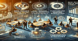 A futuristic office scene shows business professionals collaborating around a large table surrounded by digital interfaces. Holographic screens display phrases such as "Data-Service Digital Marketing Agency" and "Customized Digital Strategies North America.