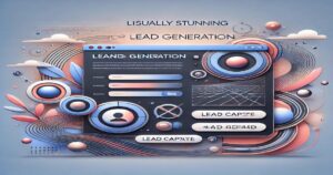 An artistic web page design for lead generation, featuring a form with fields for name, email, and question, plus a captcha. The background boasts abstract, colorful shapes and lines with text reading "Visually Stunning Lead Generation." This layout showcases proven strategies for success.