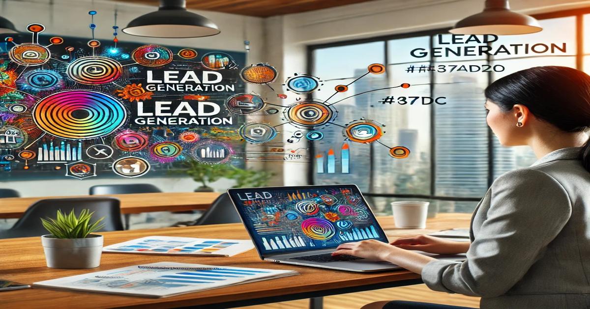 A successful businesswoman in a modern office examines charts and graphs on her laptop screen, which displays the words “Lead Generation.” Colorful digital icons and the phrase “Proven Strategies for Lead Generation #37AD20 #37DC” are projected onto the wall in front of her.